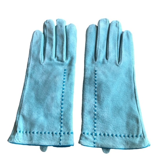 Isotoner suede ladies’ gloves. Size M  Blue/turquoise. Black lining. - Picture 1 of 16